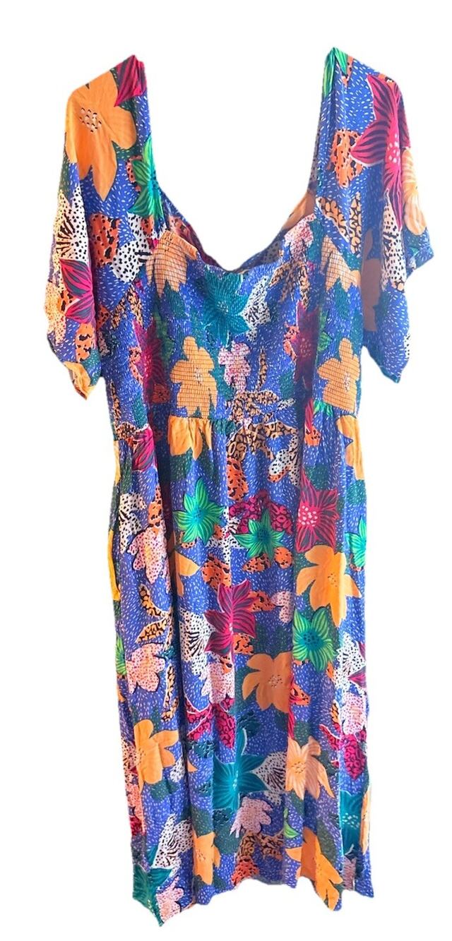 Soft Surroundings Simona Tropical Floral Midi Dress Smocked Resort Wear Size 3X